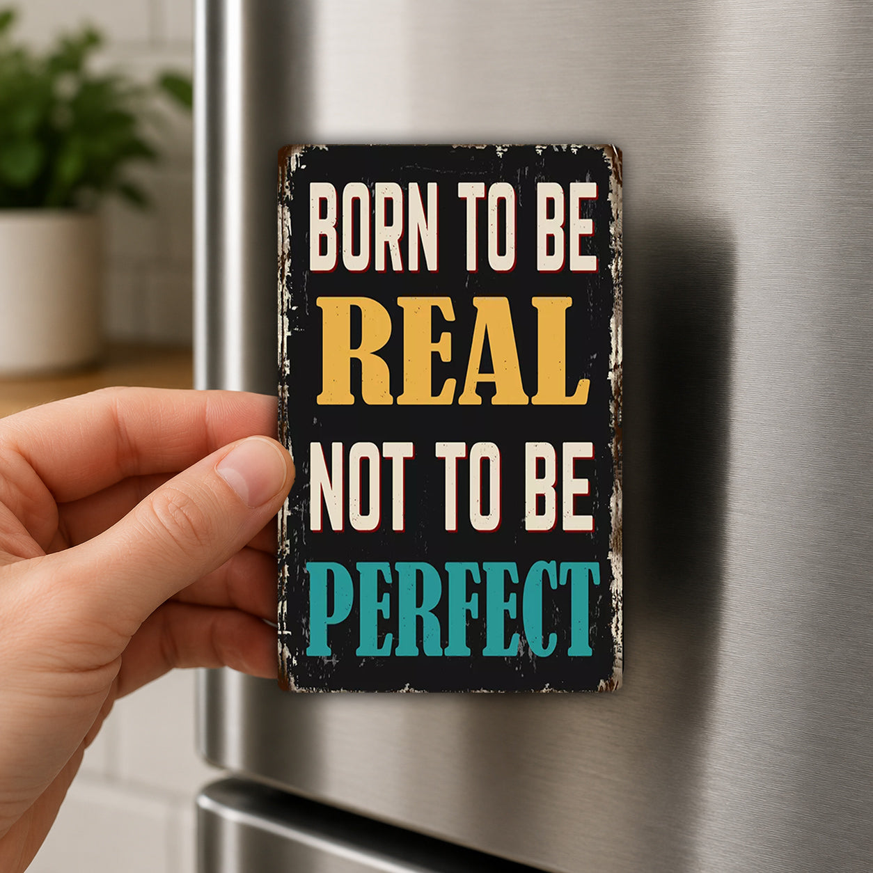 A person's hand holding a small, vintage-style sign with the text "BORN TO BE REAL NOT TO BE PERFECT" on it.