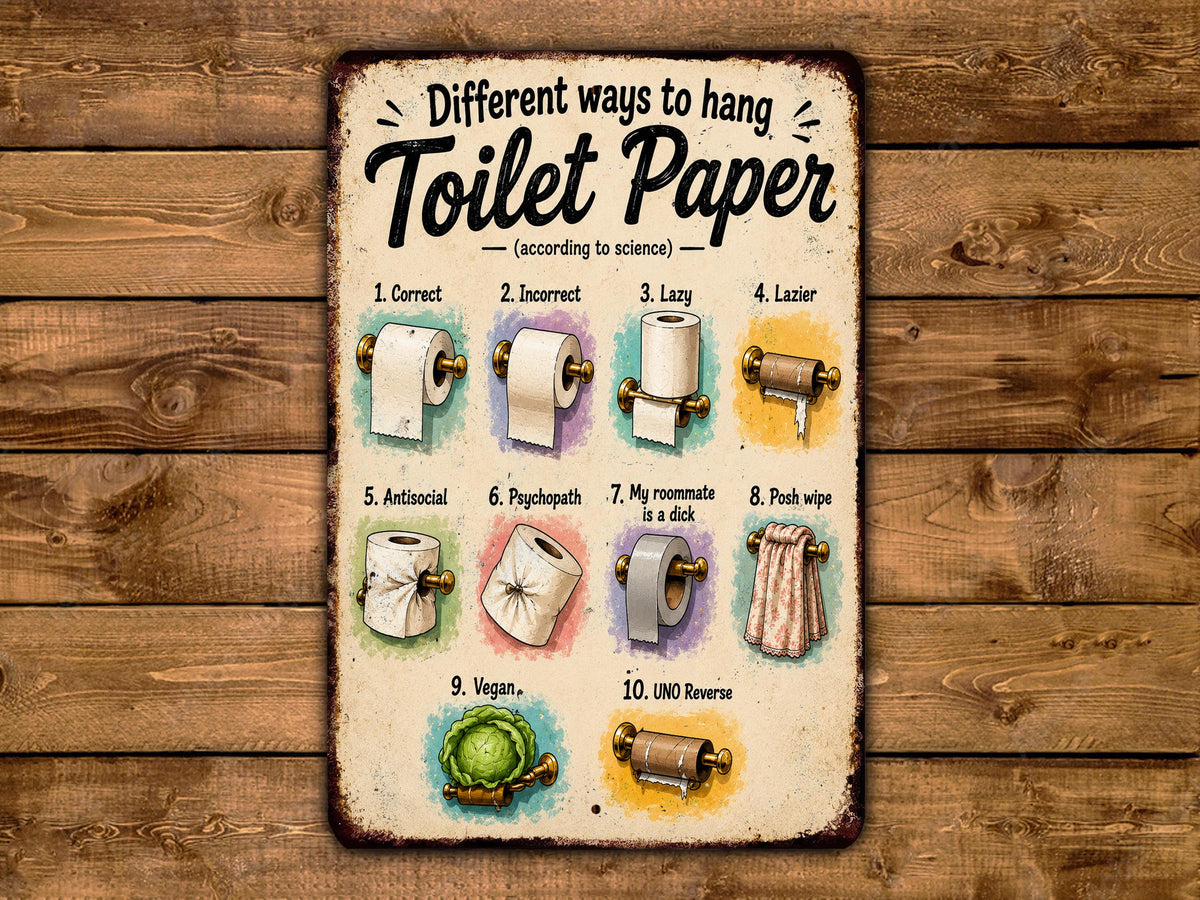 The image is a humorous sign that provides different ways to hang toilet paper, including correct, incorrect, lazy, and lazy ways.