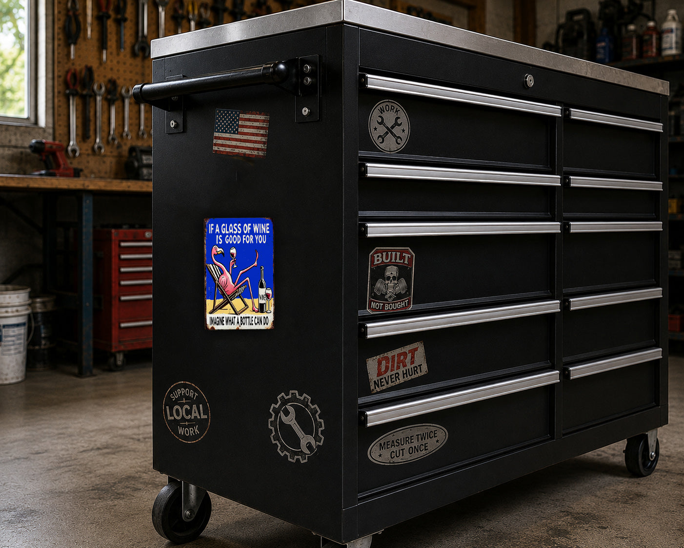 A black workbench with various stickers and labels on it, including a "If a glass of wine is what I want, I want a bottle of wine" sticker, a "BUILT" sticker, and a "Dirt Never Hurt" sticker. The workbench is situated in a workshop setting with tools hanging on the wall in the background.