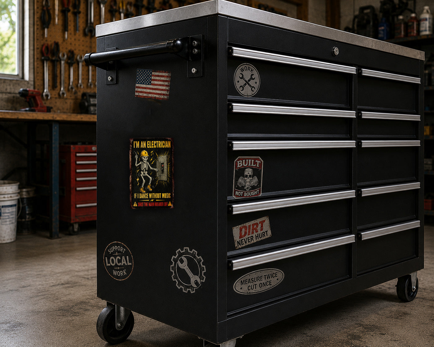 A black tool chest with various stickers and labels on it, placed in a workshop setting.