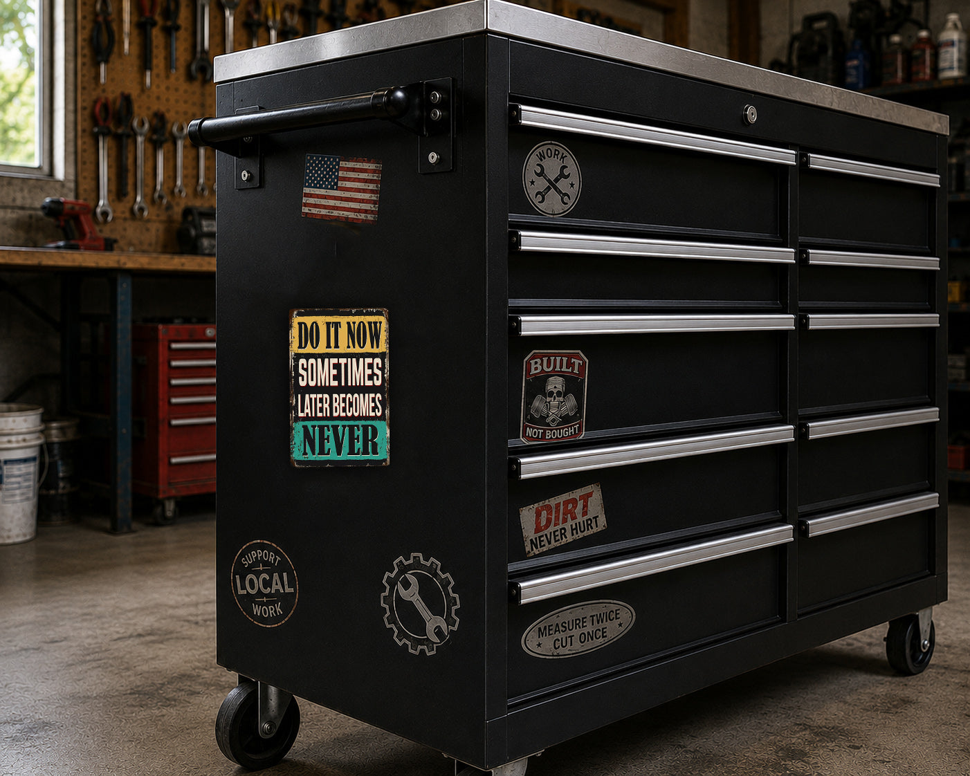 A black workbench with various stickers and labels on it, located in a workshop setting.