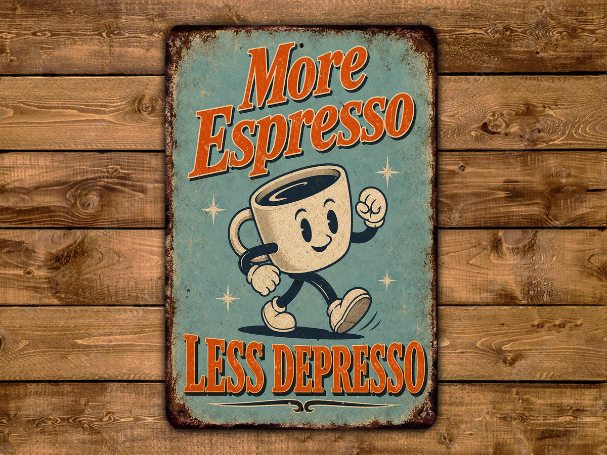 a vintage-style sign with a cartoon cup and the text "More Espresso Less Depressio" displayed on it.