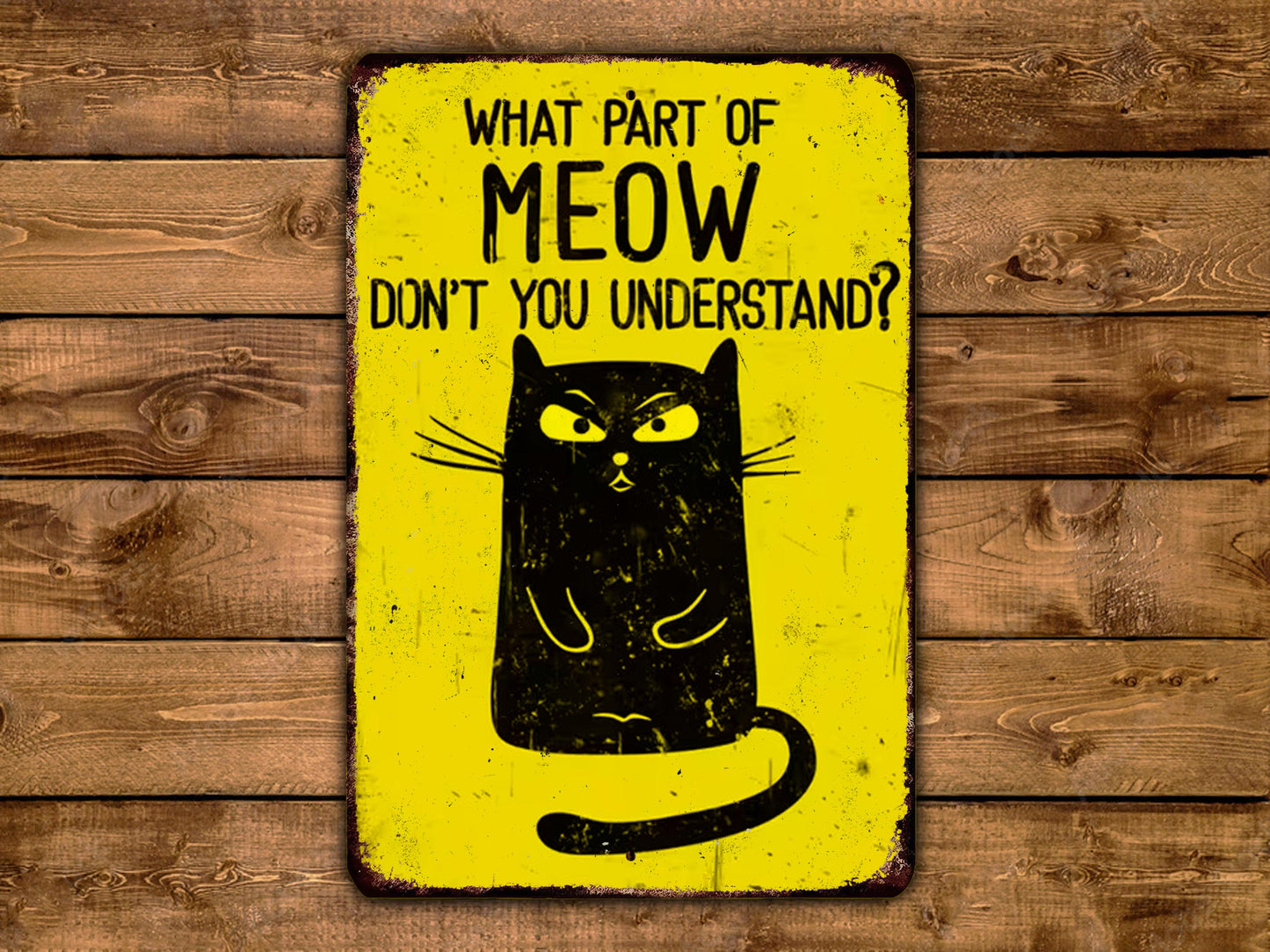 A yellow sign with a black cat illustration and text on it.