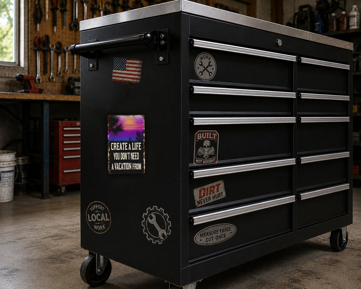 A black workbench with various stickers and magnets on it, located in a workshop setting.