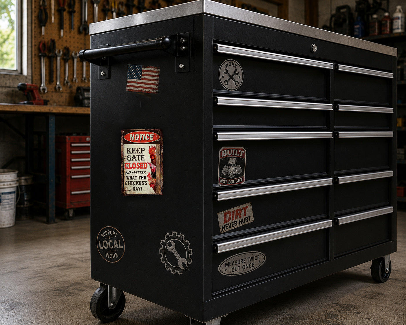 A black workbench with various stickers and labels on it, including a " Notice" sticker, a "Built" sticker, and a "Dirt" sticker. The workbench is situated in a workshop setting with tools and equipment visible in the background.