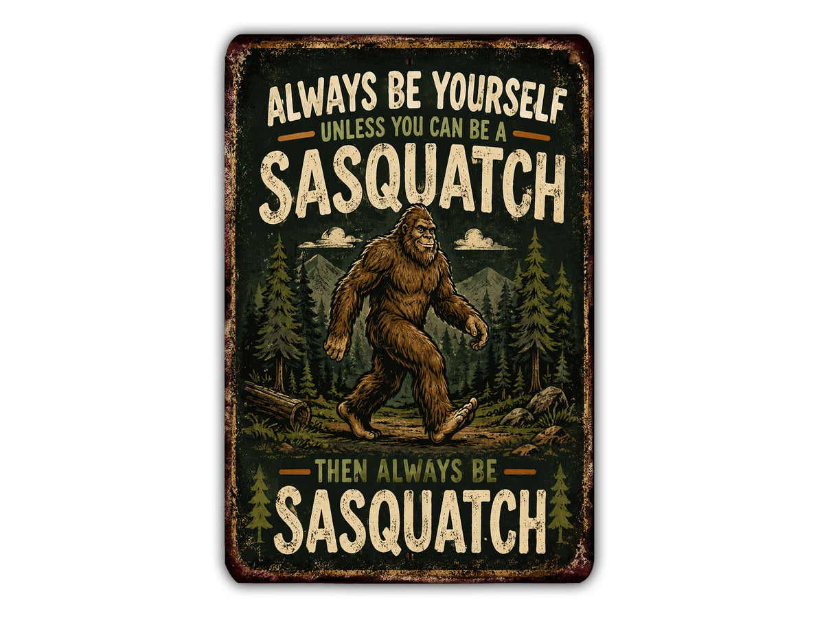 a large Sasquatch walking through a forest, accompanied by the text "Always be yourself unless you can be a Sasquatch, then always be Sasquatch".