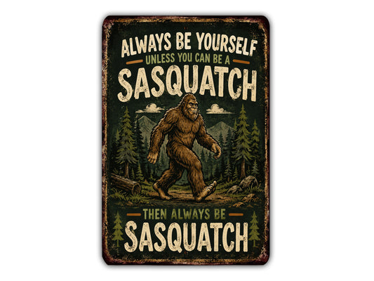 a large Sasquatch walking through a forest, accompanied by the text "Always be yourself unless you can be a Sasquatch, then always be Sasquatch".