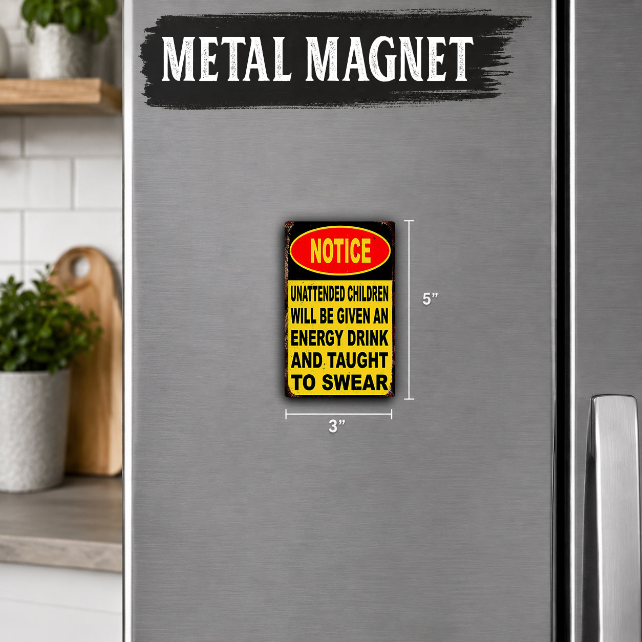 a metal refrigerator with a warning sign attached to it.