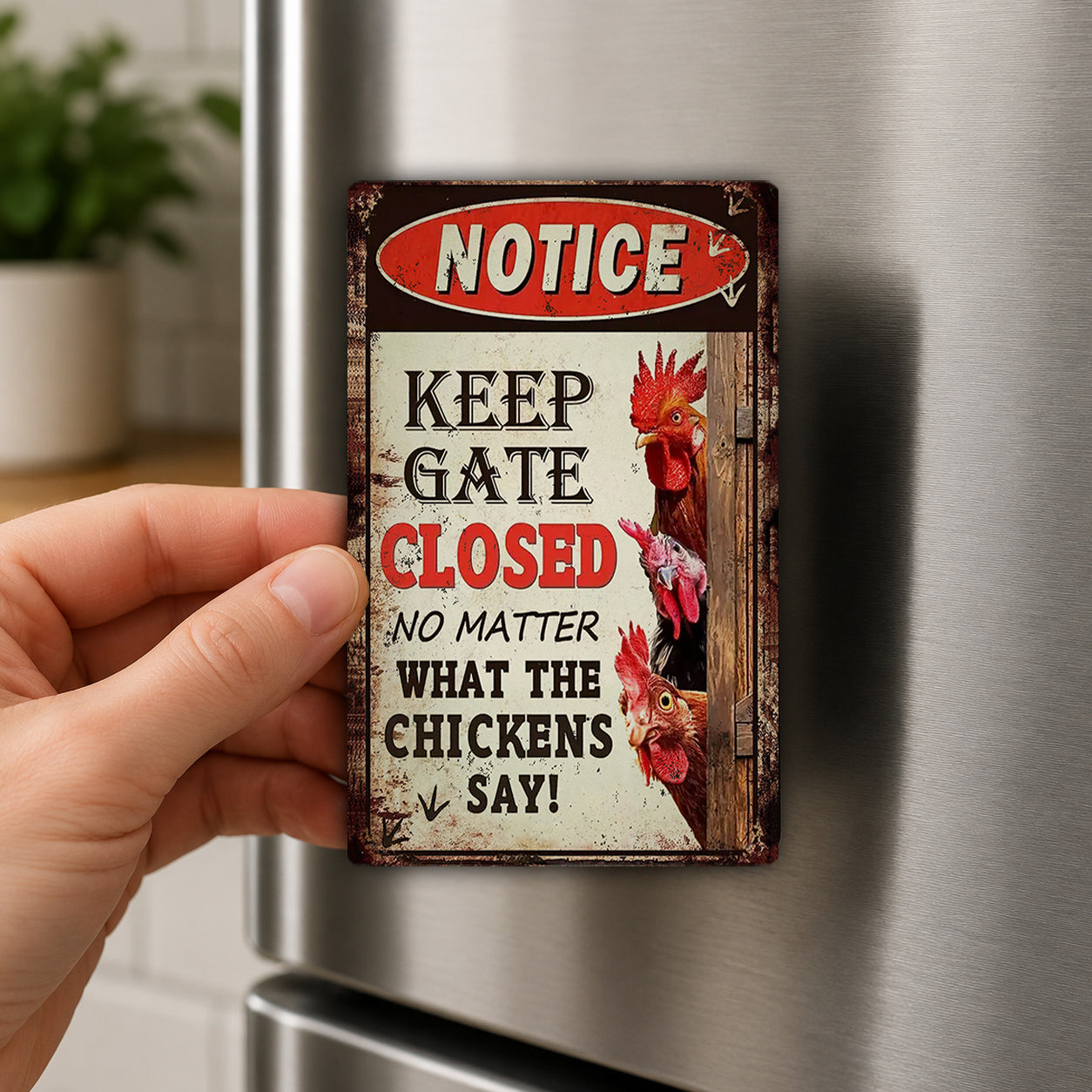 A person's hand is holding a metal refrigerator magnet with a sign that reads "Keep Gate Closed No Matter What the Chickens Say".