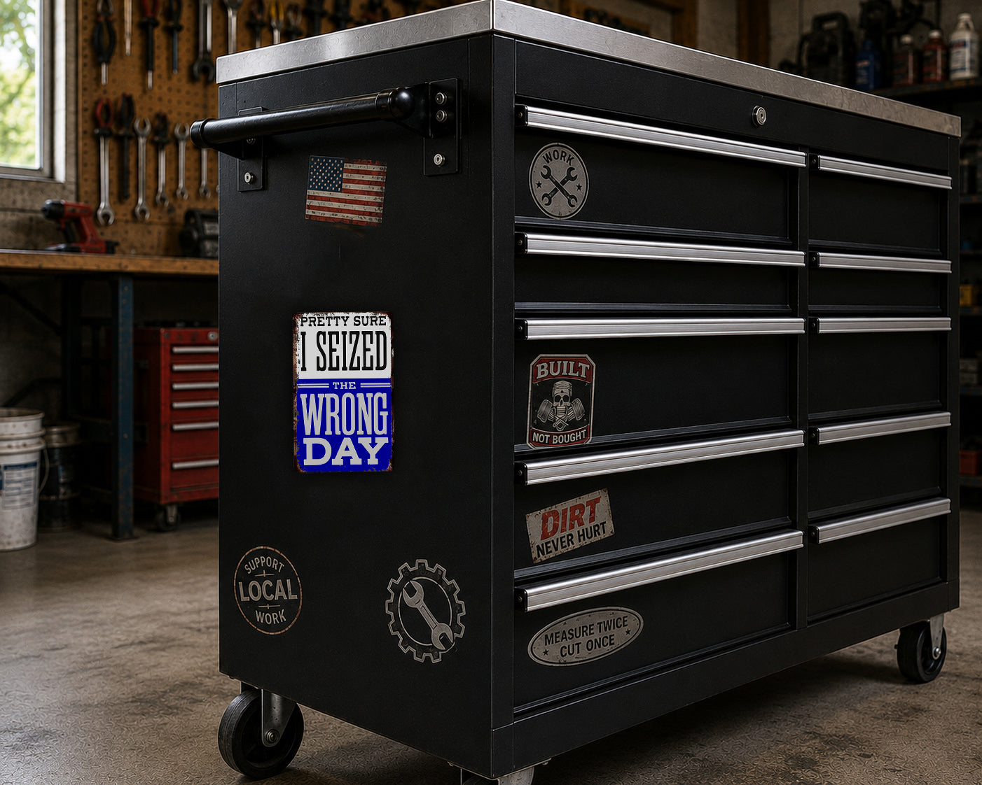 A black workbench with various stickers and labels on it, including a sticker that says "I Seized The Wrong Day".