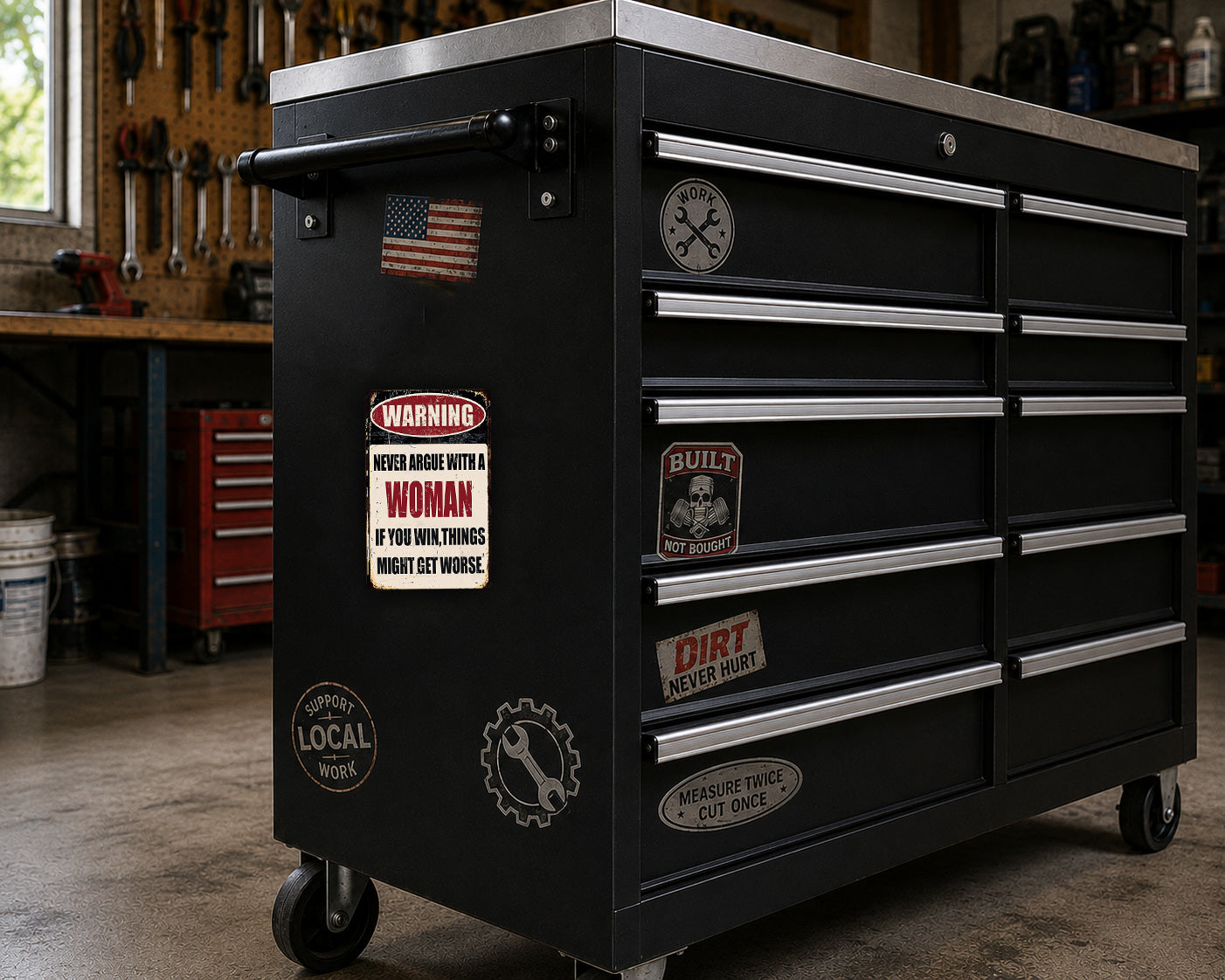 A black tool chest with various stickers and labels on it, placed in a workshop setting.