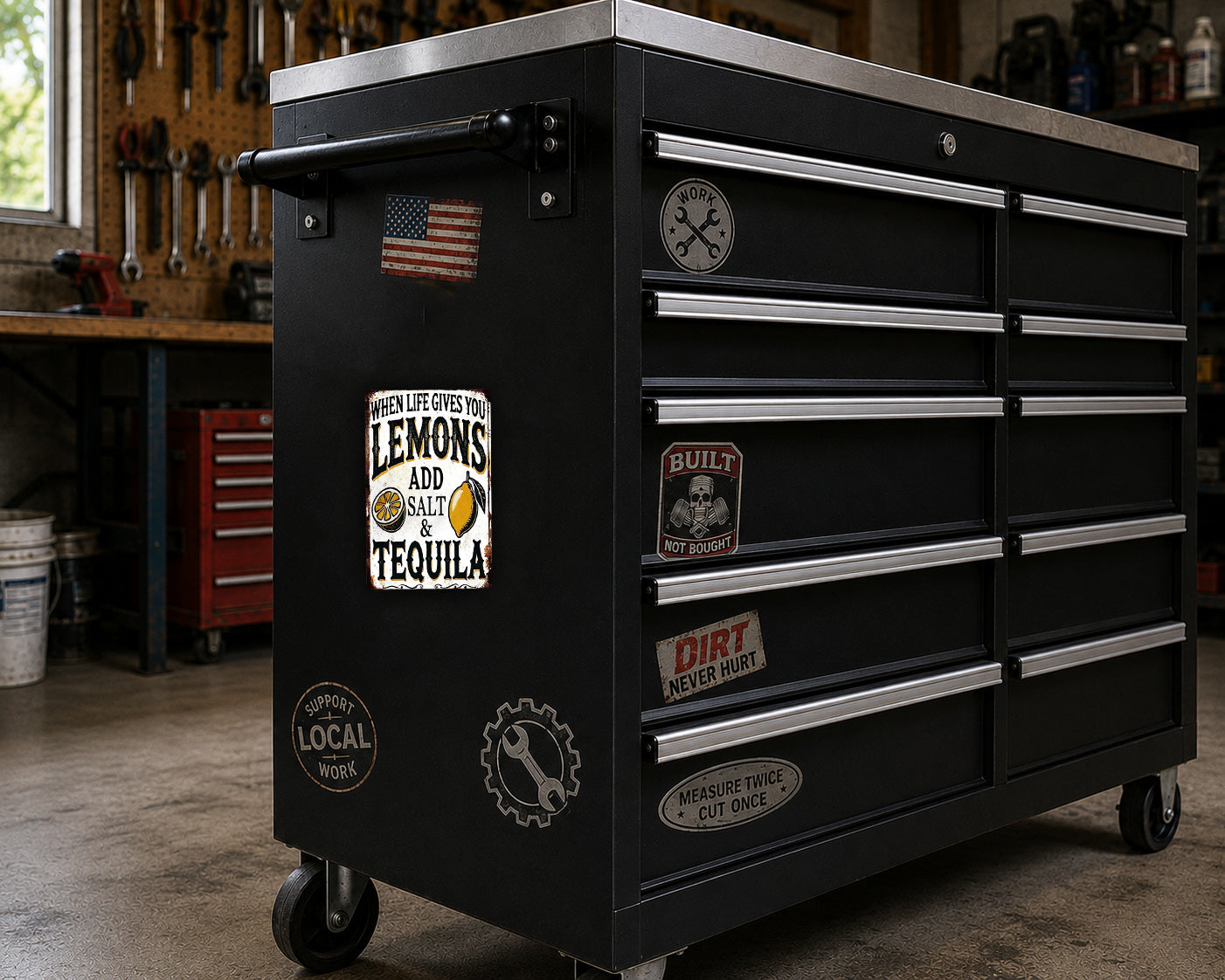 A black workbench with various stickers and labels on it, including a sign that says "When life gives you lemons, add tequila" and a skull sticker.