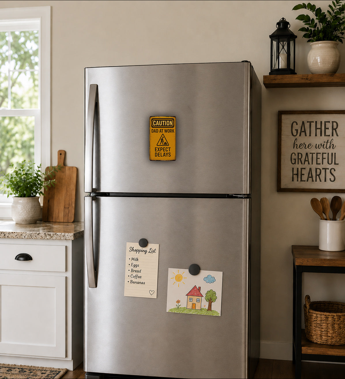 a kitchen with a stainless steel refrigerator, a wooden cutting board, and various kitchen items such as a potted plant, a vase, and a basket.