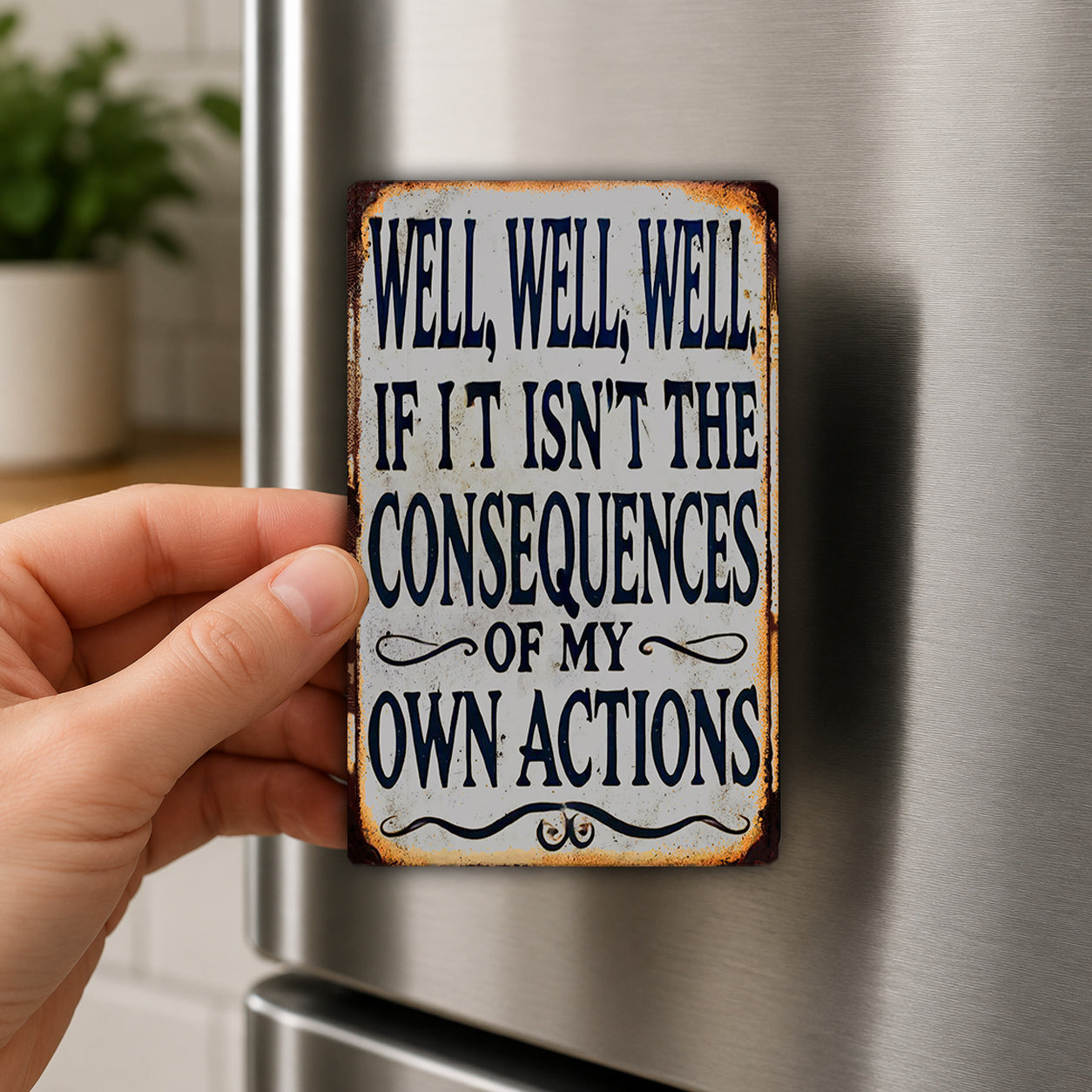A person's hand holding a metal sign with the text "WELL, WELL, WELL, IF IT ISN'T THE CONSEQUENCES OF MY OWN ACTION" on it.