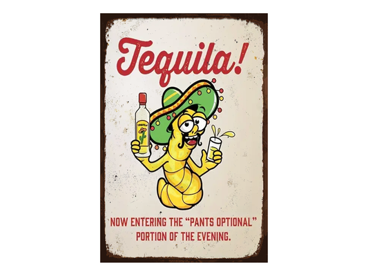 a sign with a cartoon character holding a bottle of tequila