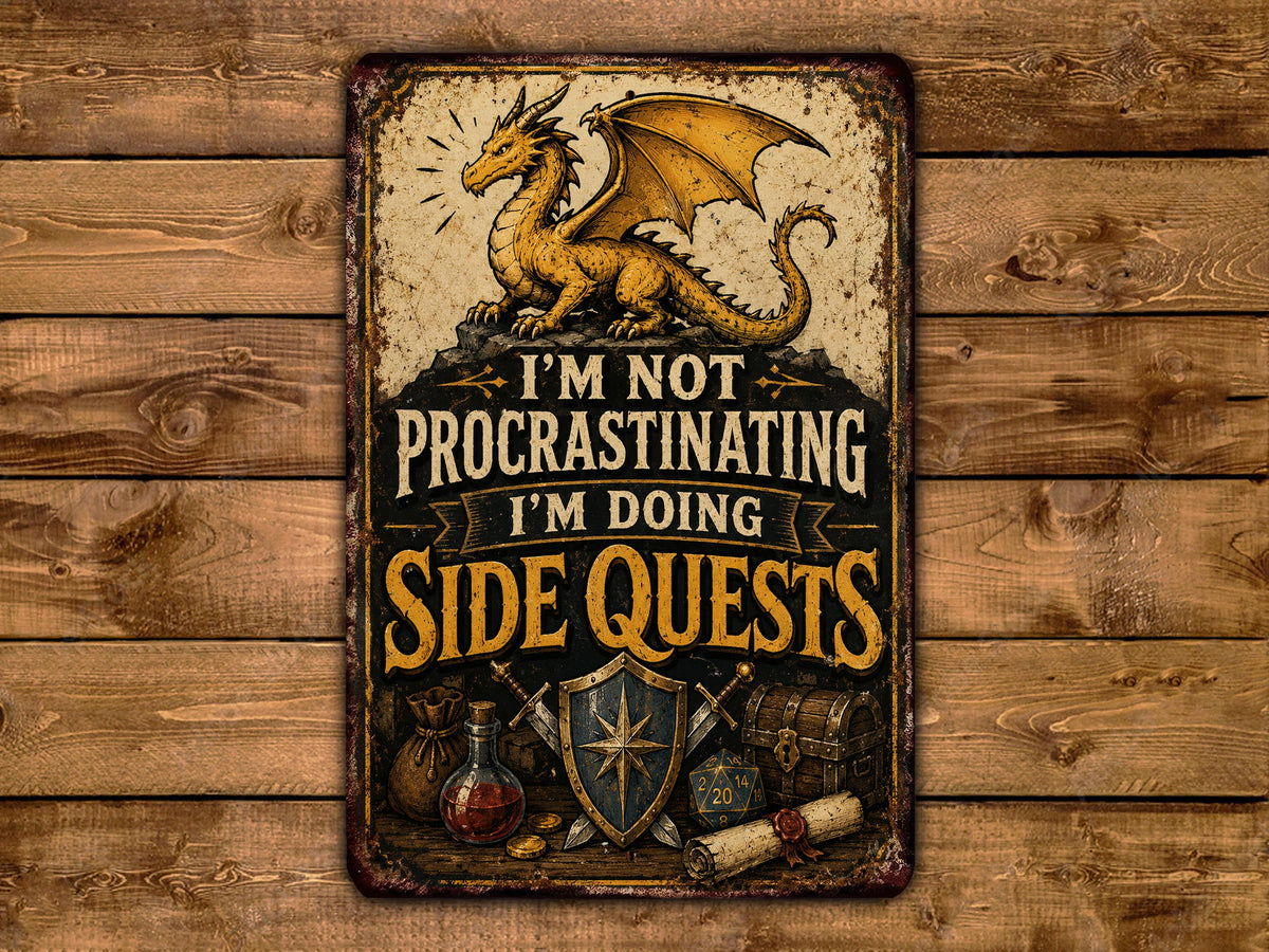 a sign with a dragon and various fantasy-themed objects, including a shield, a sword, and a treasure chest, all set against a wooden background.