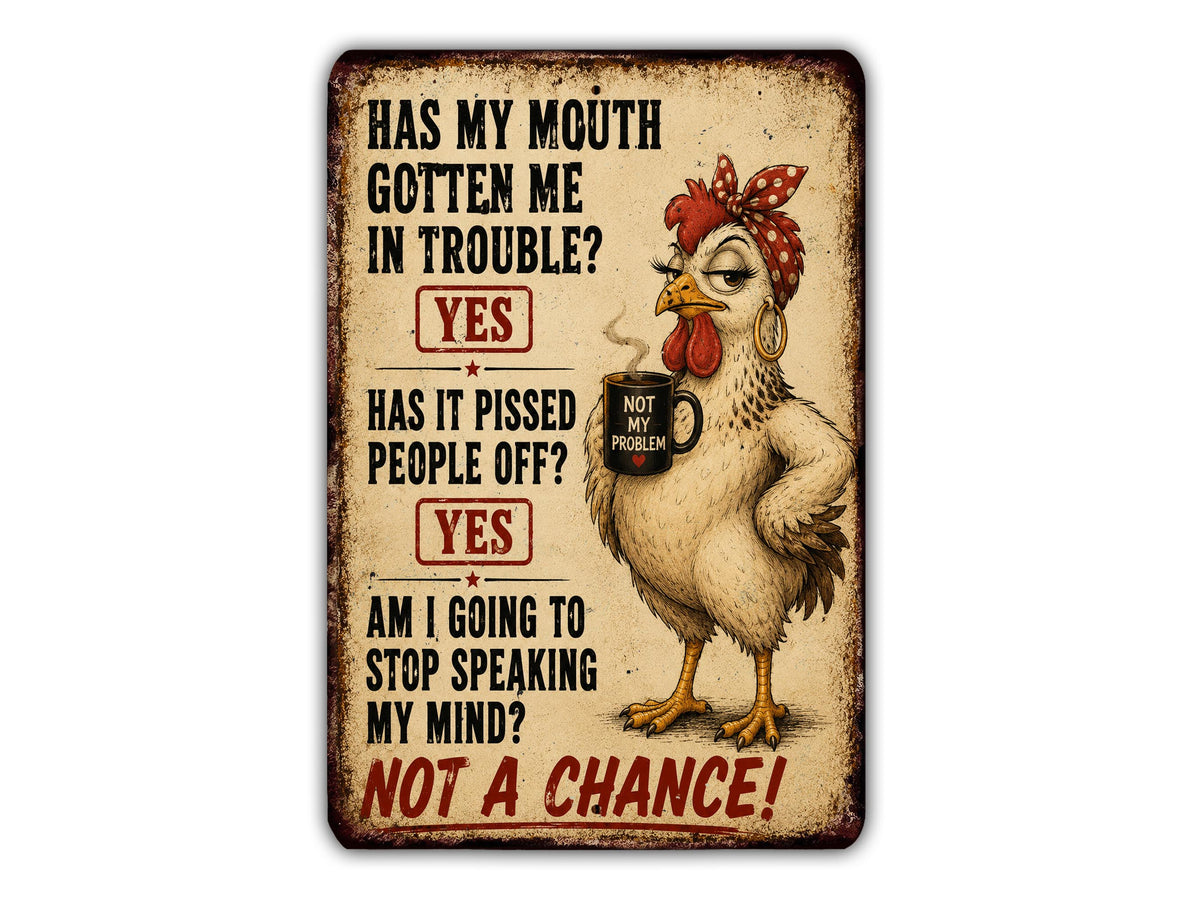 a cartoon chicken holding a cup with the text "NOT MY PROBLEM!" written on it.