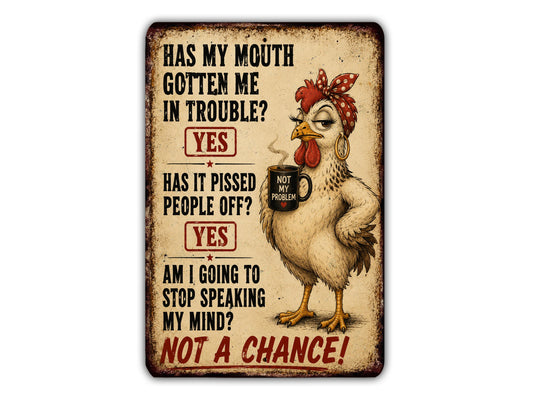 a cartoon chicken holding a cup with the text "NOT MY PROBLEM!" written on it.