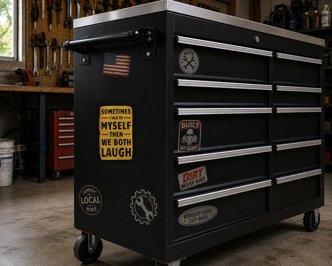 A black workbench with various stickers and labels on it, including a quote about self-reliance and a warning about the dangers of dirt.
