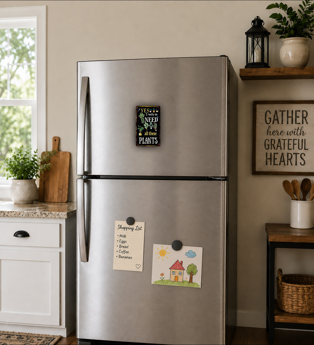 a kitchen with a stainless steel refrigerator, a wooden cutting board, and various kitchen items such as a potted plant, a vase, and a basket.