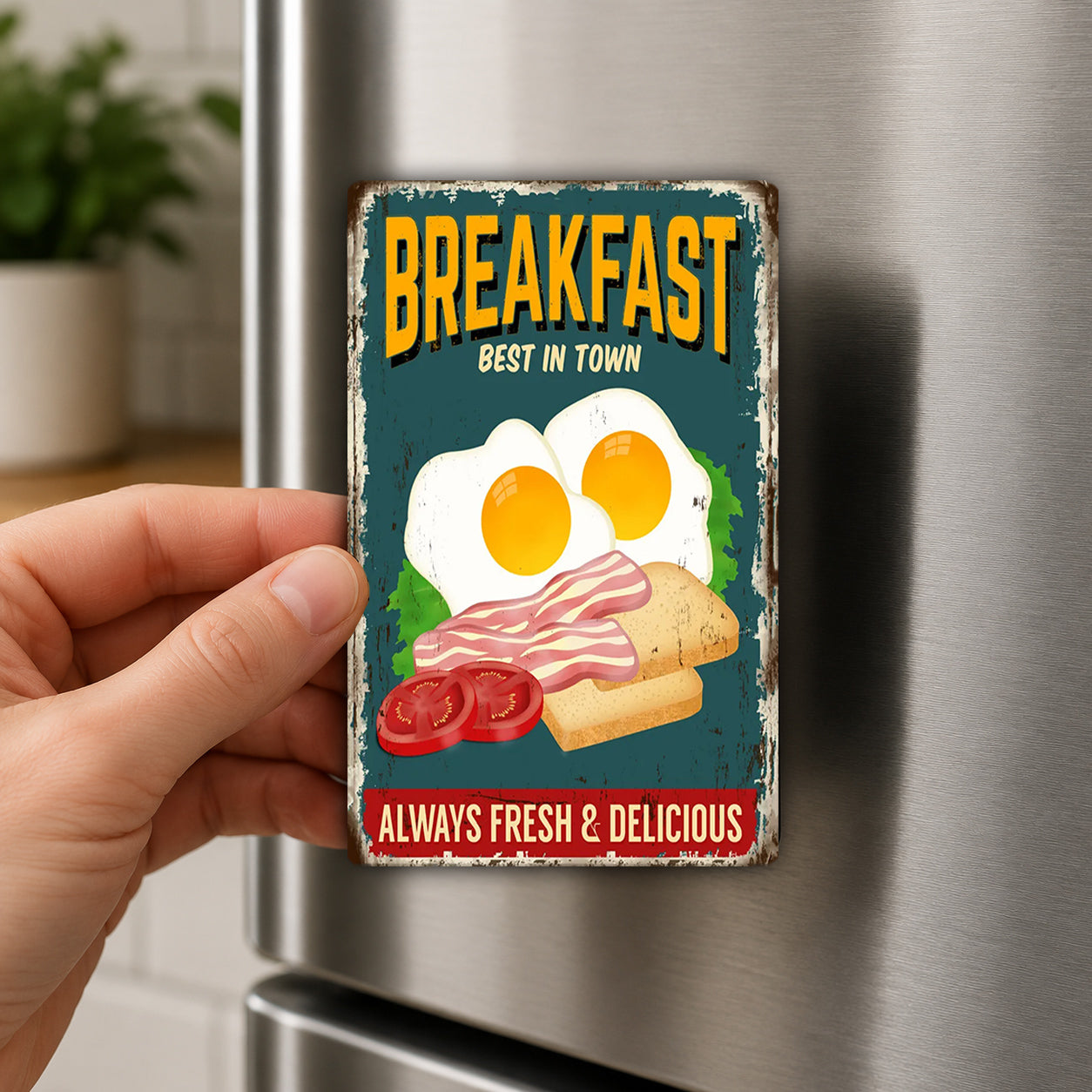 A person's hand holding a vintage-style metal magnet with a breakfast-themed illustration on it.