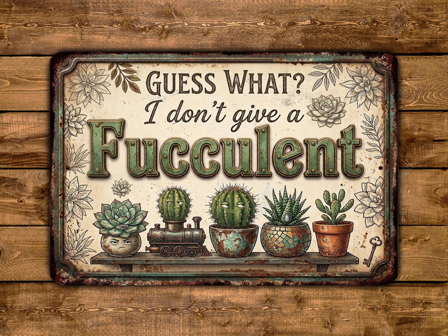 a vintage-style sign with the text "Guess What? I don't give a Fuzzulent" and illustrations of various potted succulents.