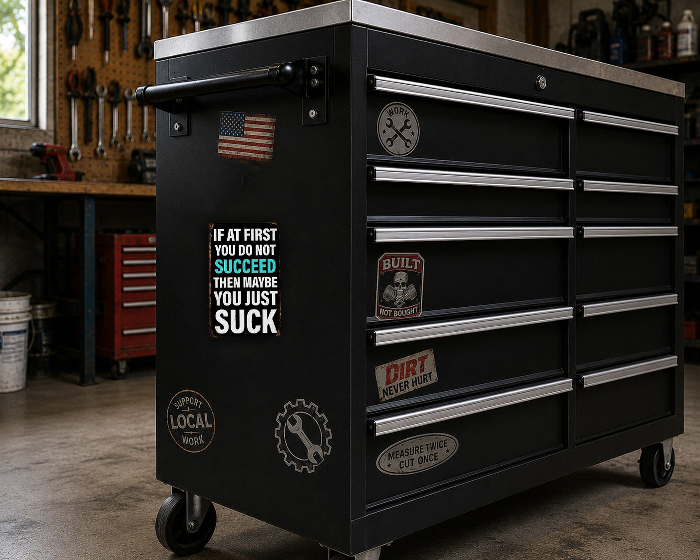 a black workbench with various stickers and labels on it, including a motivational quote and a warning about the consequences of not succeeding.