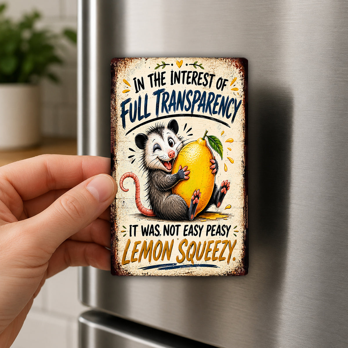 A person's hand holding a vintage-style metal magnet with an illustration of an opossum holding a lemon.