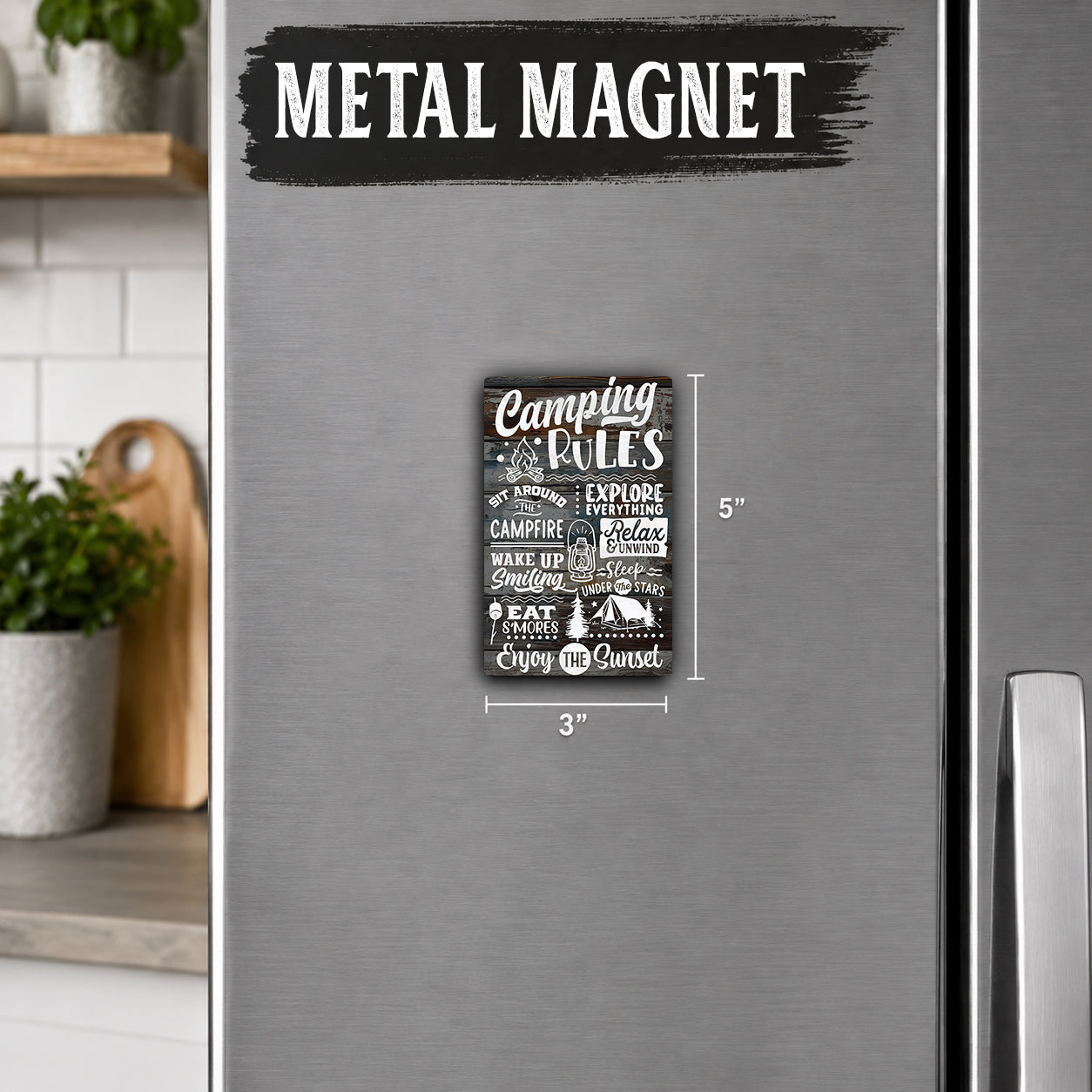 a small metal magnet with text on it, placed on a refrigerator.