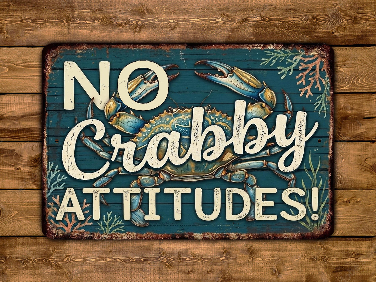 A vintage-style metal sign with the text "NO Crabby Attitudes!" displayed prominently.