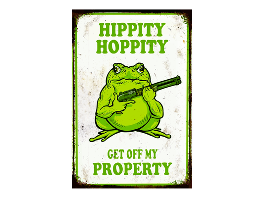 a sign with a frog holding a gun