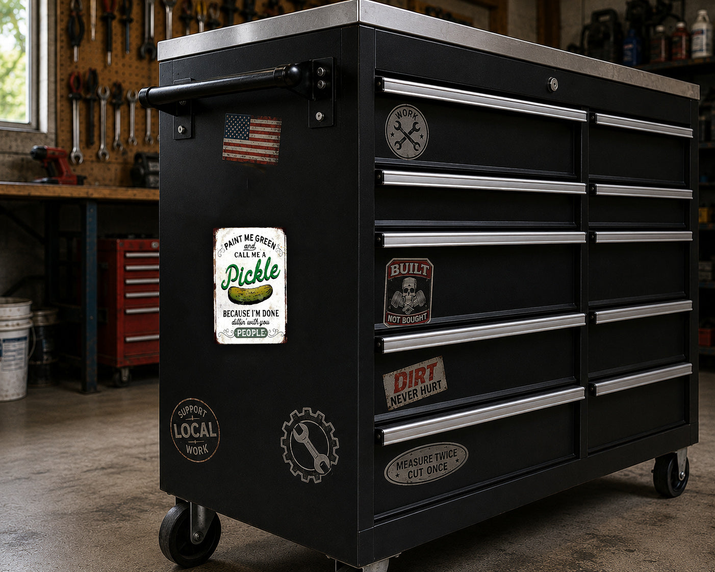 a black tool chest with various stickers and labels on it, placed in a workshop setting.