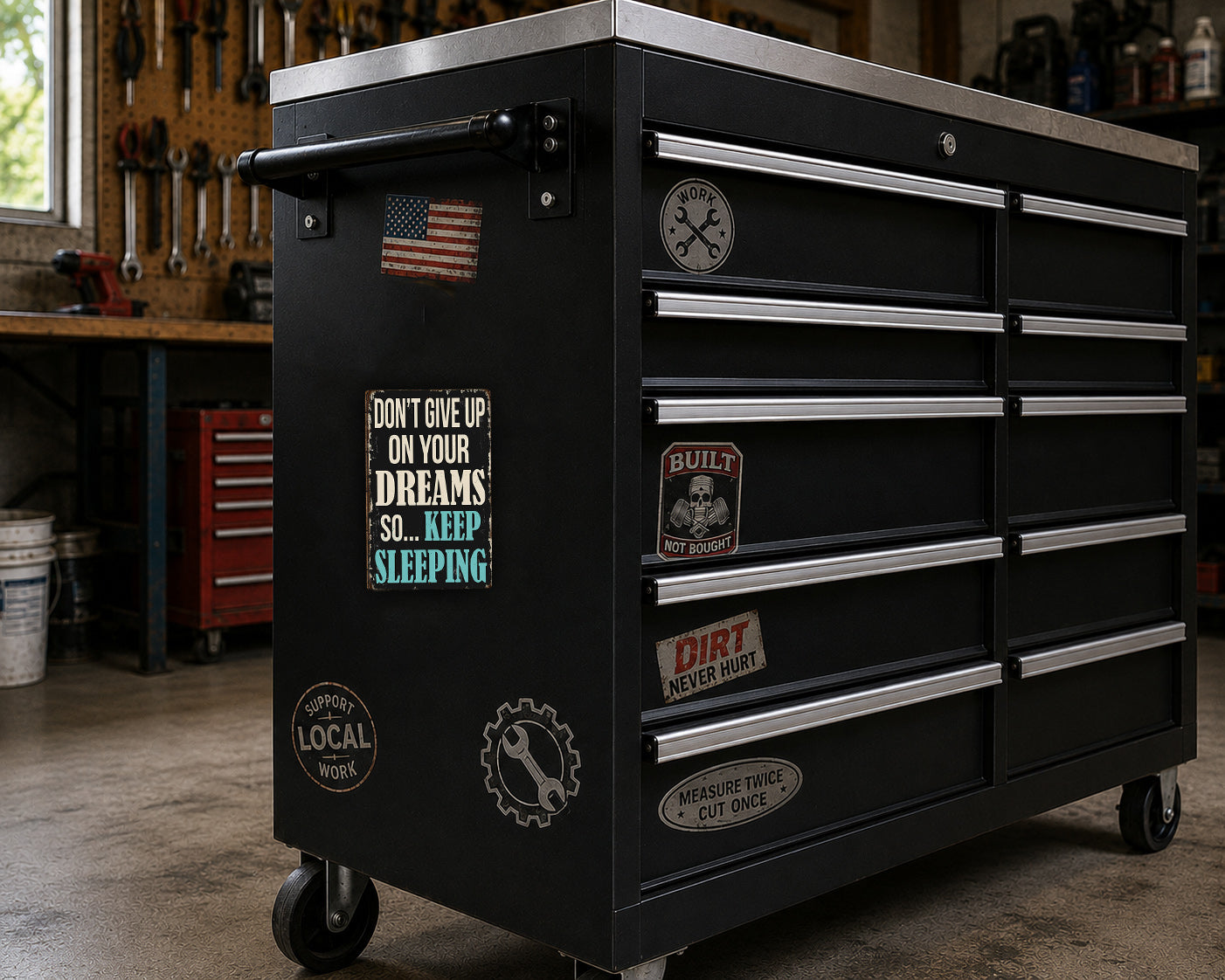 A black workbench with various stickers and magnets on it, located in a workshop setting.