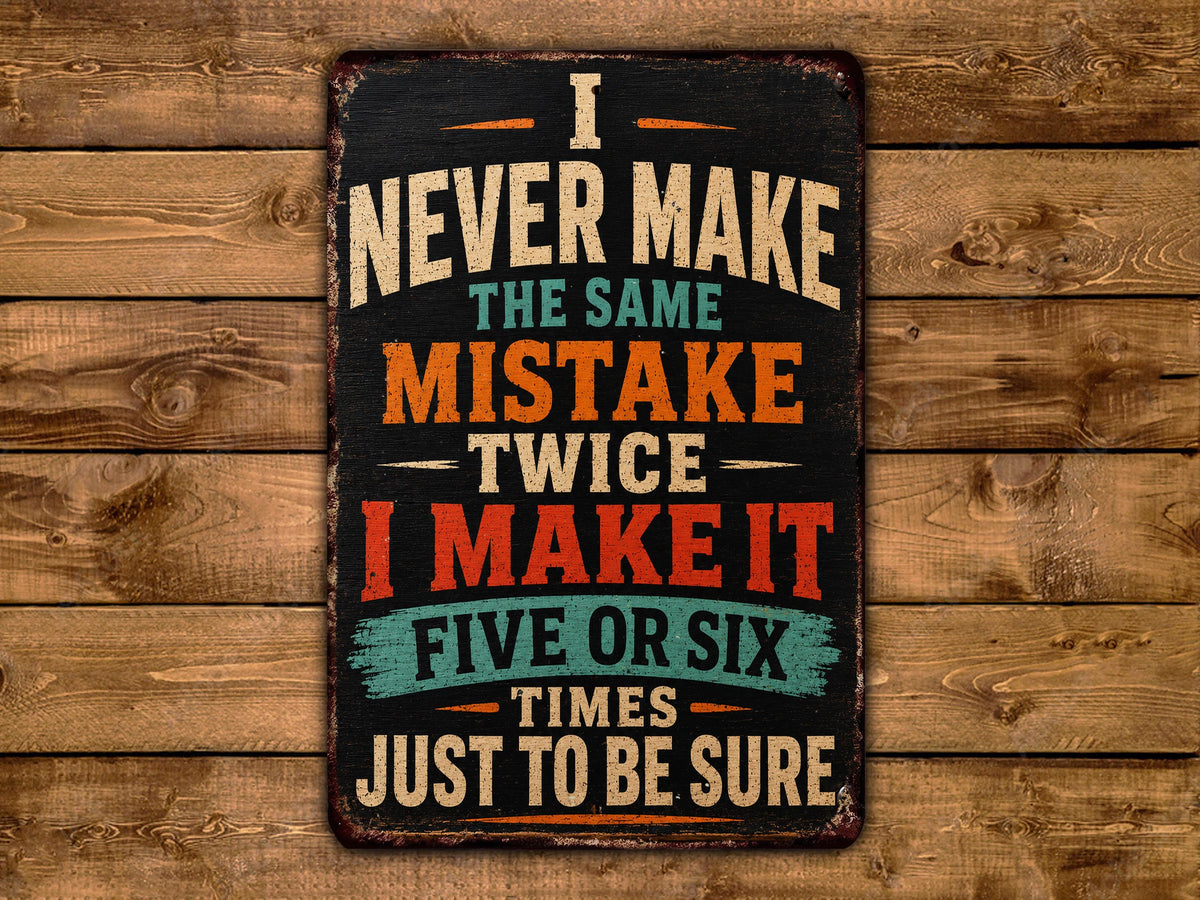 a vintage-style sign with bold text that reads "I NEVER MAKE THE SAME MISTAKE TWICE I MAKE IT FIVE OR SIX TIMES JUST TO BE SURE".