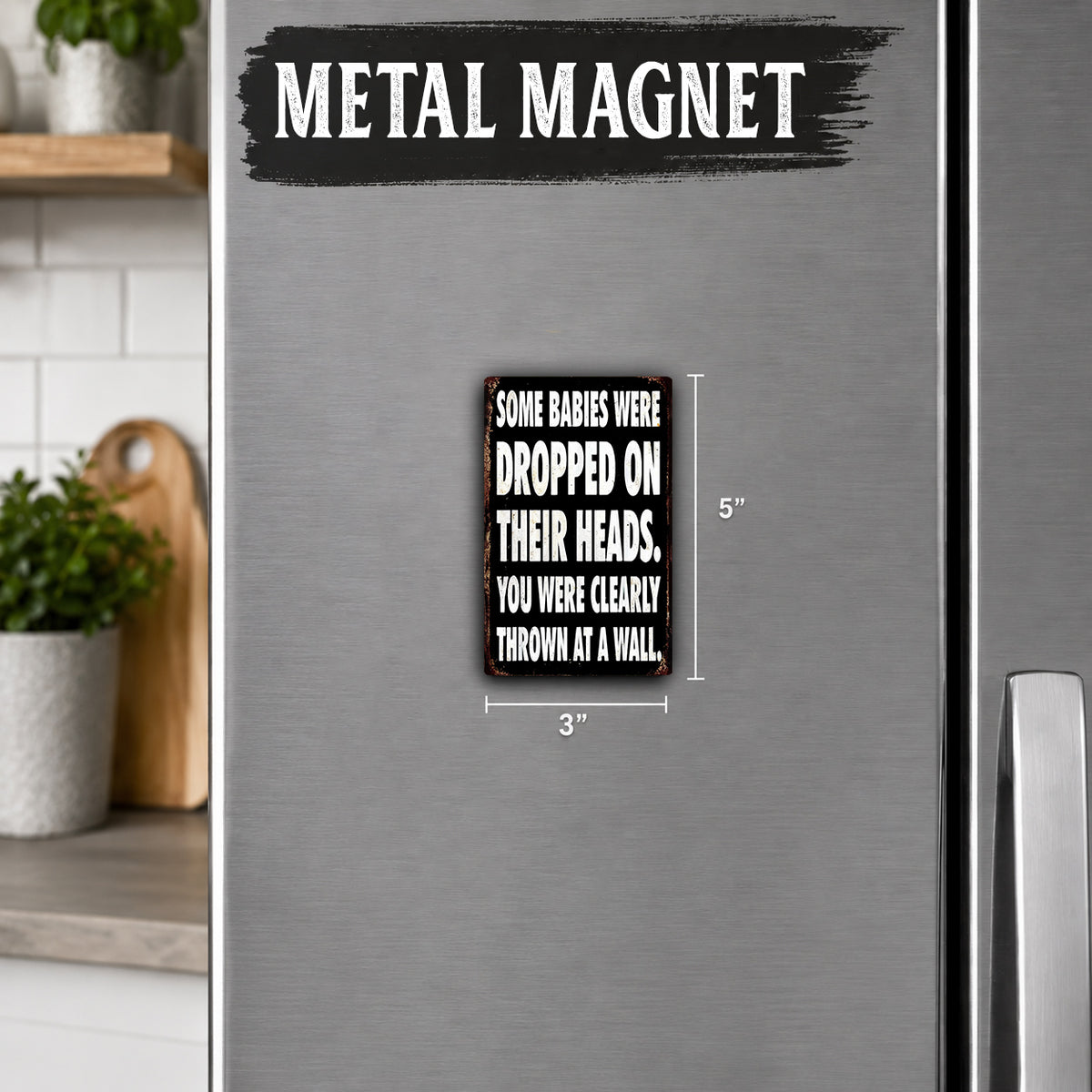 a refrigerator with a humorous text sticker on it.