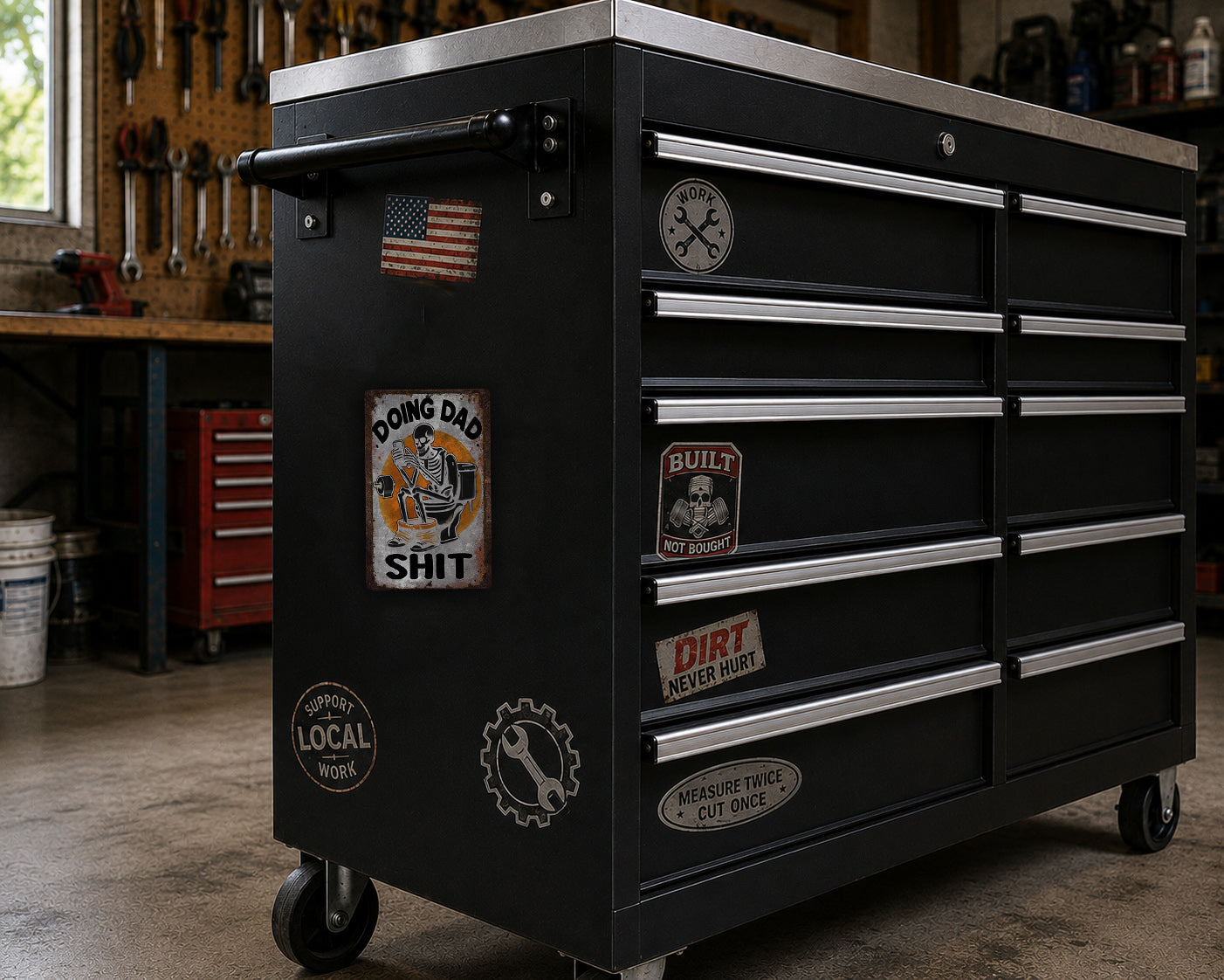 A black tool chest with various stickers and labels on it, placed in a workshop setting.