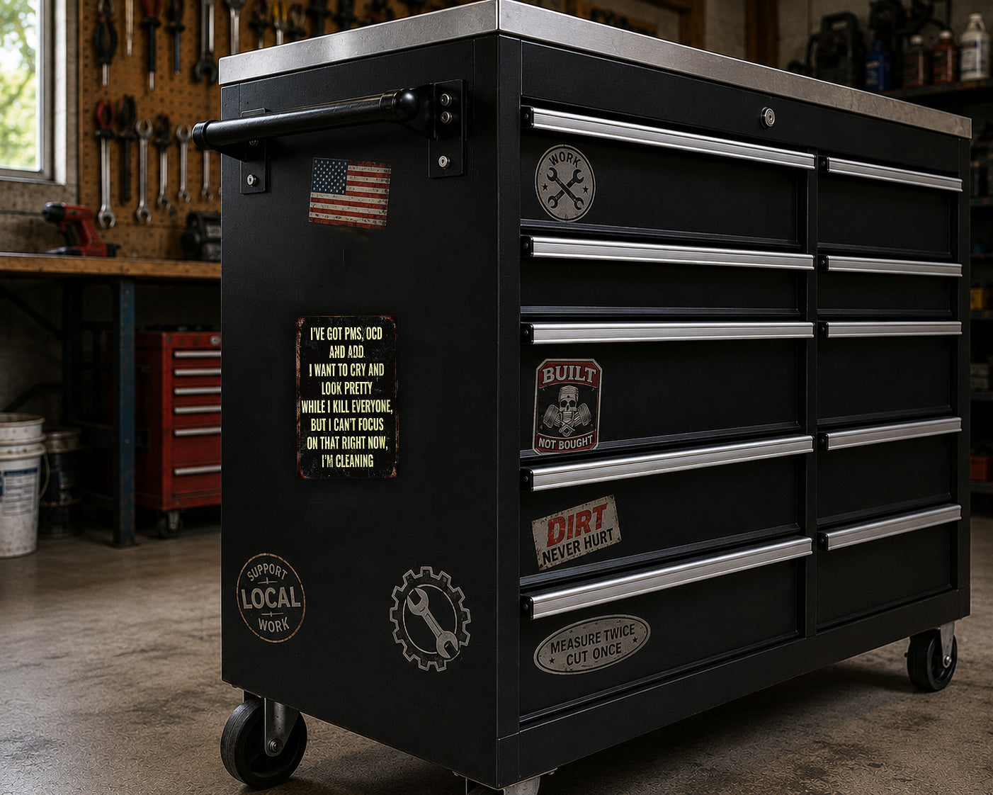 A black workbench with various stickers and labels on it, including a "I've got $100.00" sticker, a "NOT BOUGHT" sticker, and a "BUILT" sticker. The workbench is situated in a workshop setting with tools and equipment visible in the background.