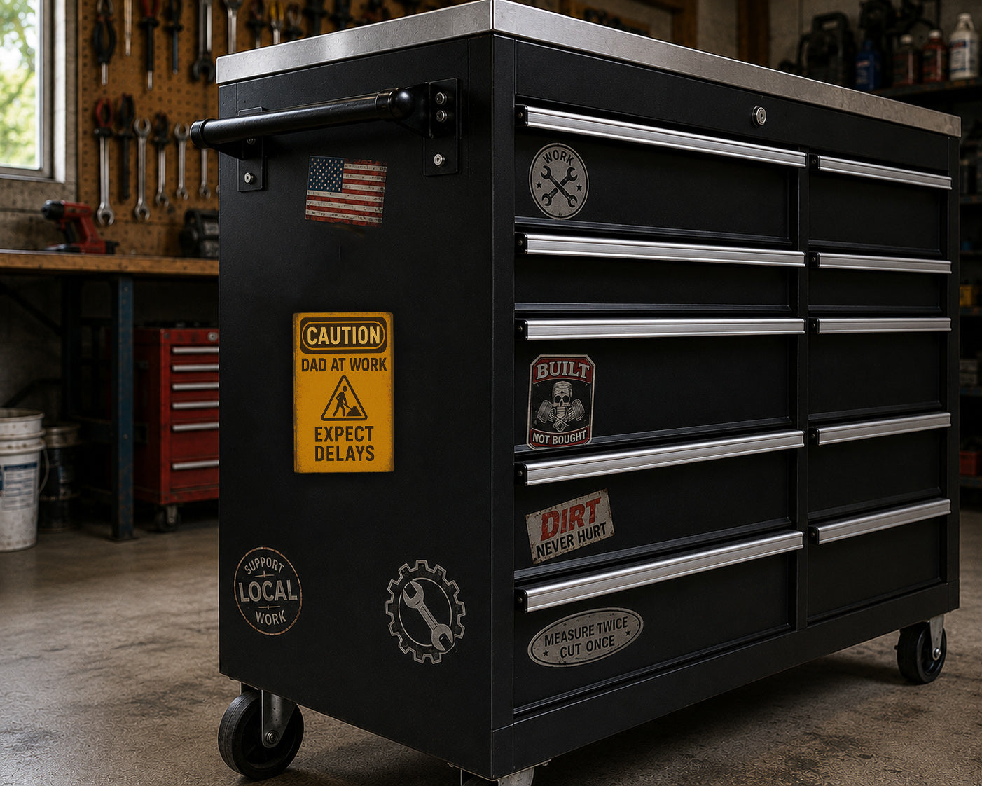 A black workbench with various stickers and labels on it, including a caution sign, a "built" sticker, and a "dirt" sticker.