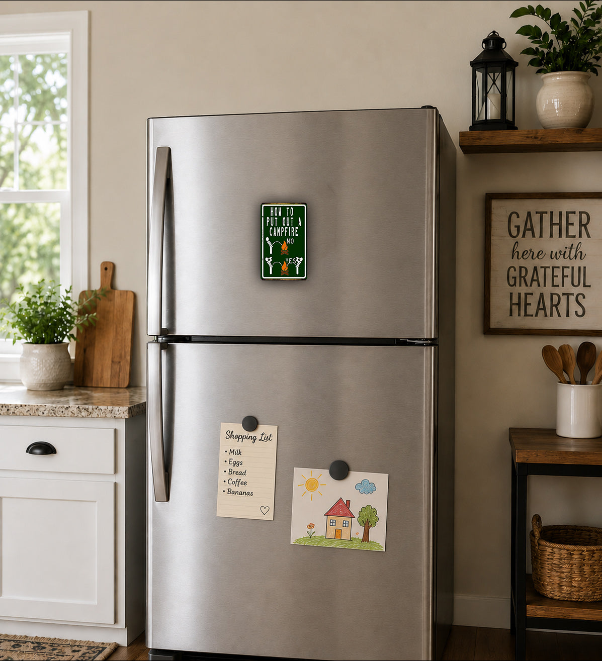 A stainless steel refrigerator with magnets and notes attached to it, situated in a kitchen with a window, plants, and other decor.