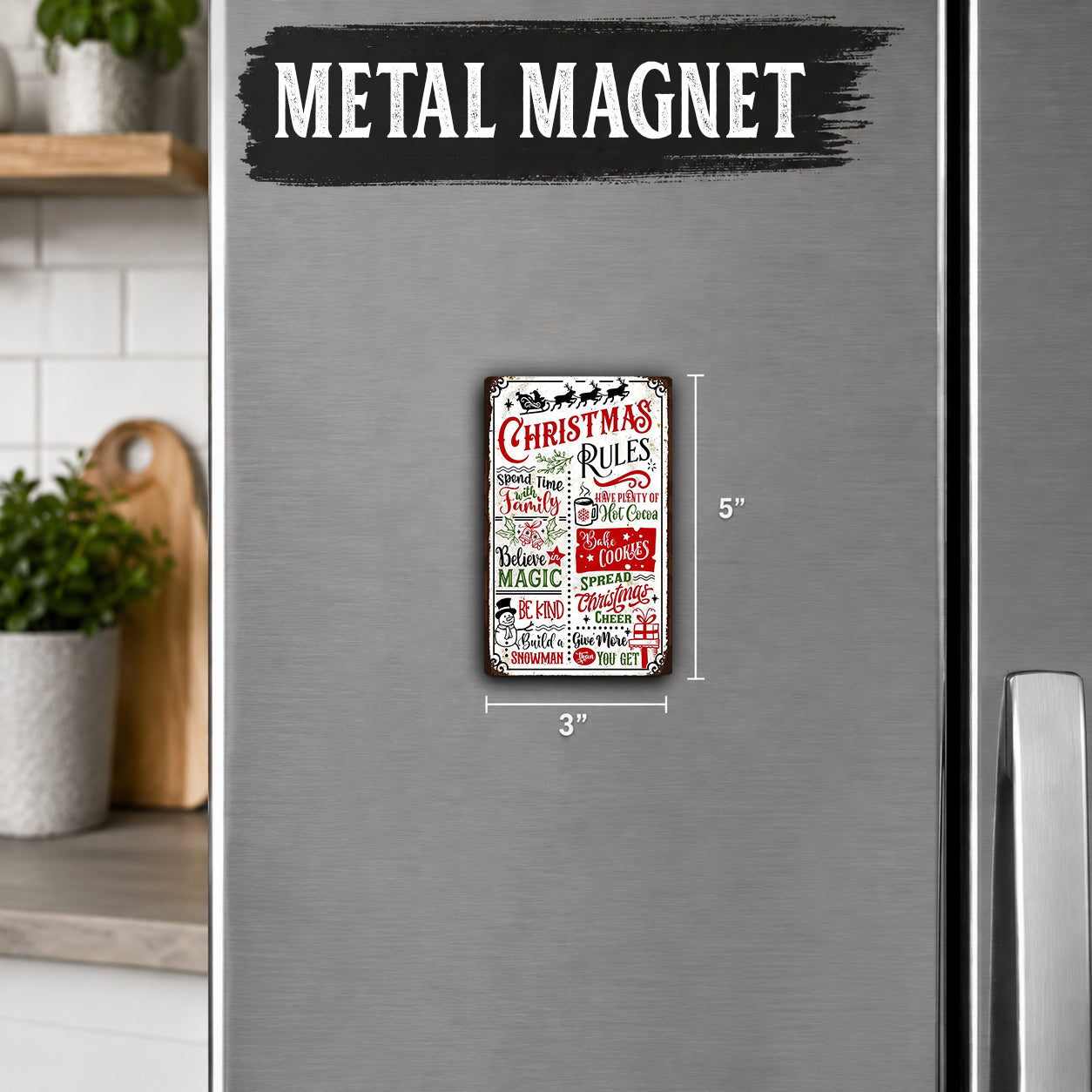 a metallic Christmas-themed magnet with various phrases and words related to the holiday season.