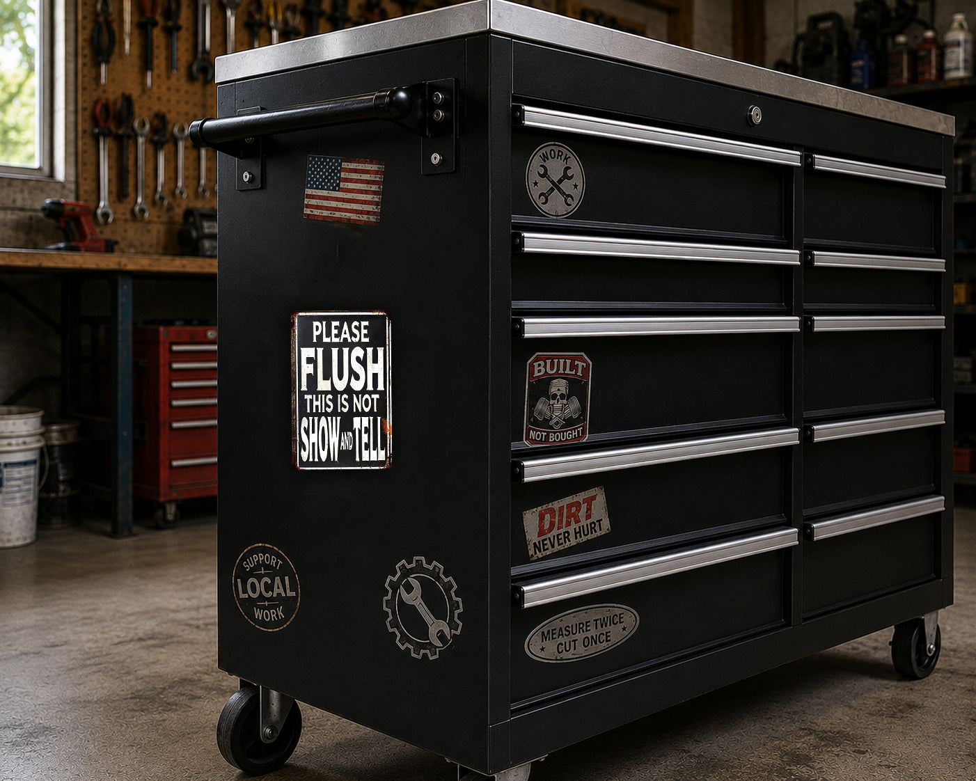 A black workbench with various stickers and labels on it, located in a workshop setting.