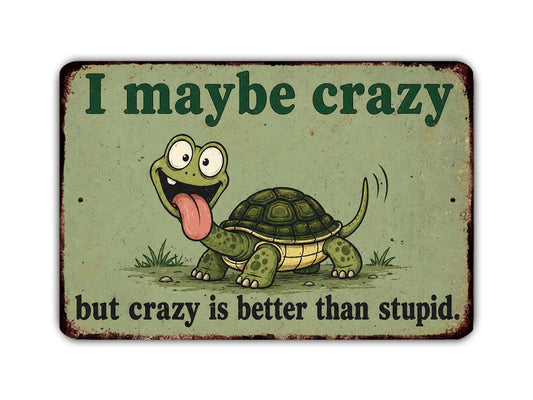 A sign with a cartoon turtle and the text "I might be crazy, but crazy is better than stupid."