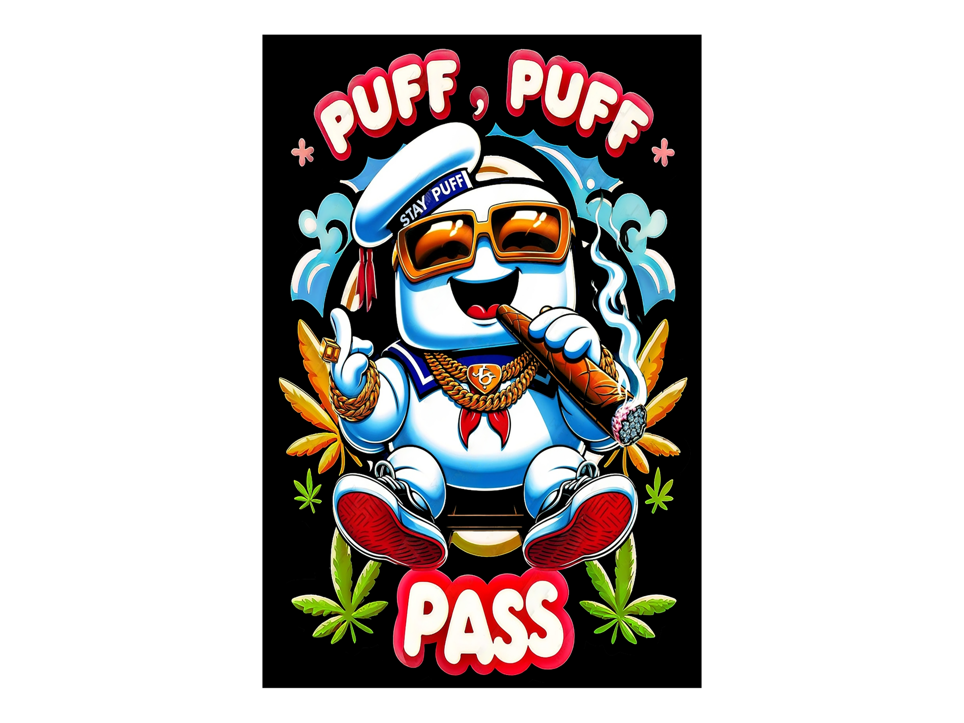 a sticker with a cartoon character holding a pipe