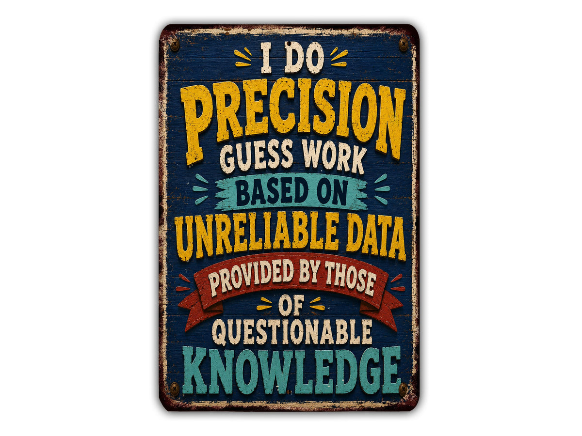 a sign with a humorous and informative message about precision and knowledge.