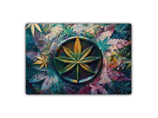 a painting of a marijuana leaf surrounded by leaves