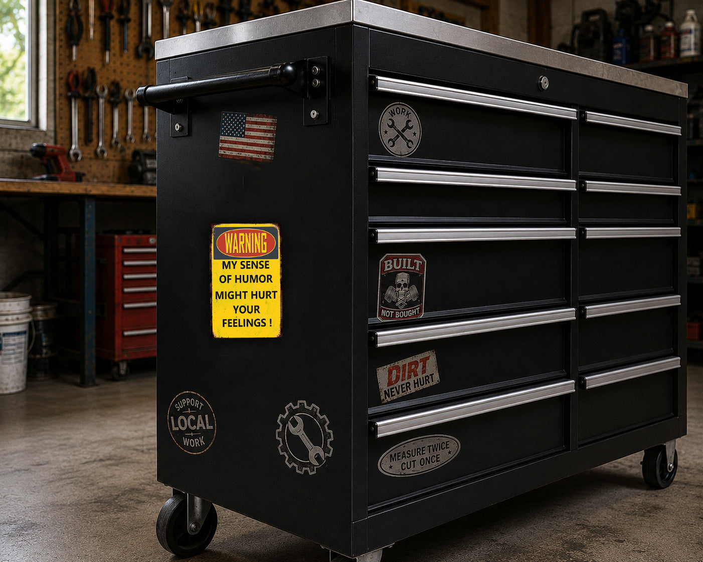 A black tool chest with various stickers and labels on it, placed in a workshop setting.