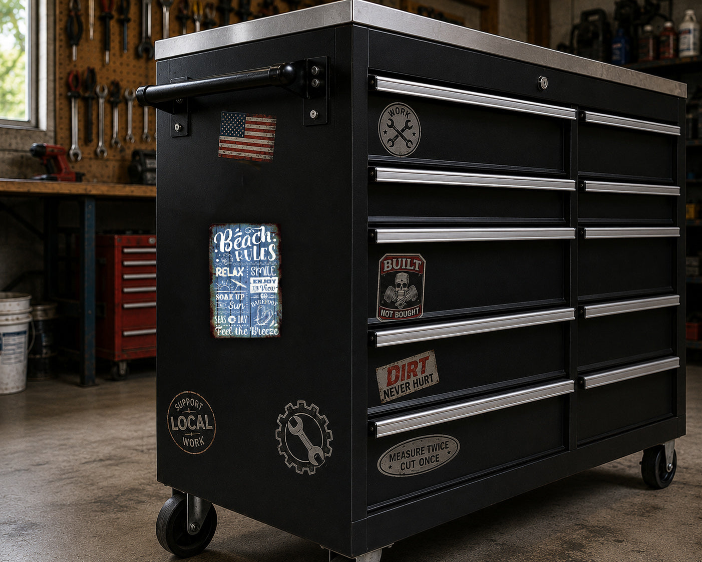 A black workbench with multiple drawers and a handle, featuring various stickers and labels on its surface.