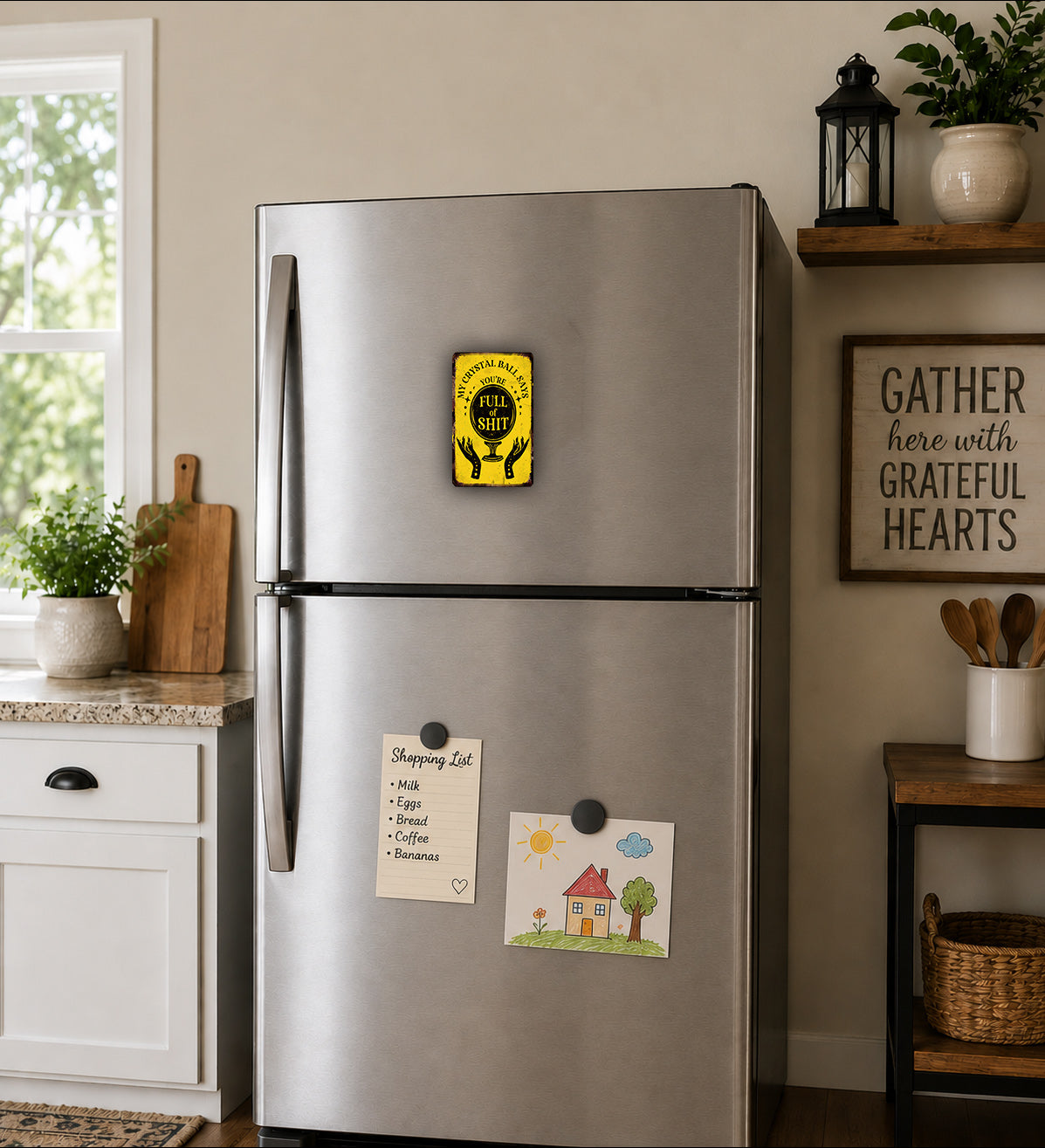 a kitchen with a stainless steel refrigerator, a wooden cutting board, and various kitchen items such as a potted plant, a vase, and a basket.