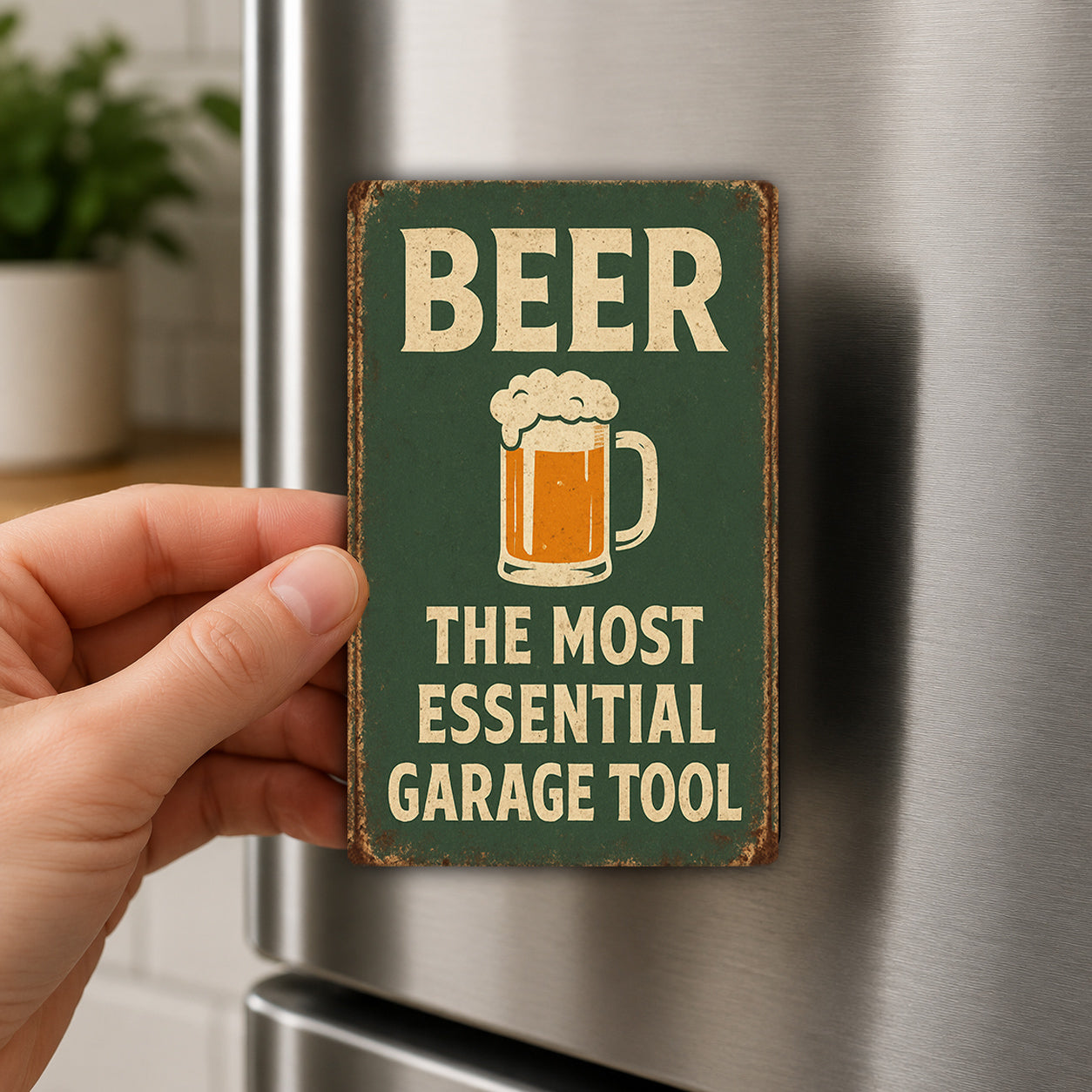 A person's hand is holding a green sign with the text "BEER THE MOST ESSENTIAL GARAGE TOOL" and an illustration of a beer mug.