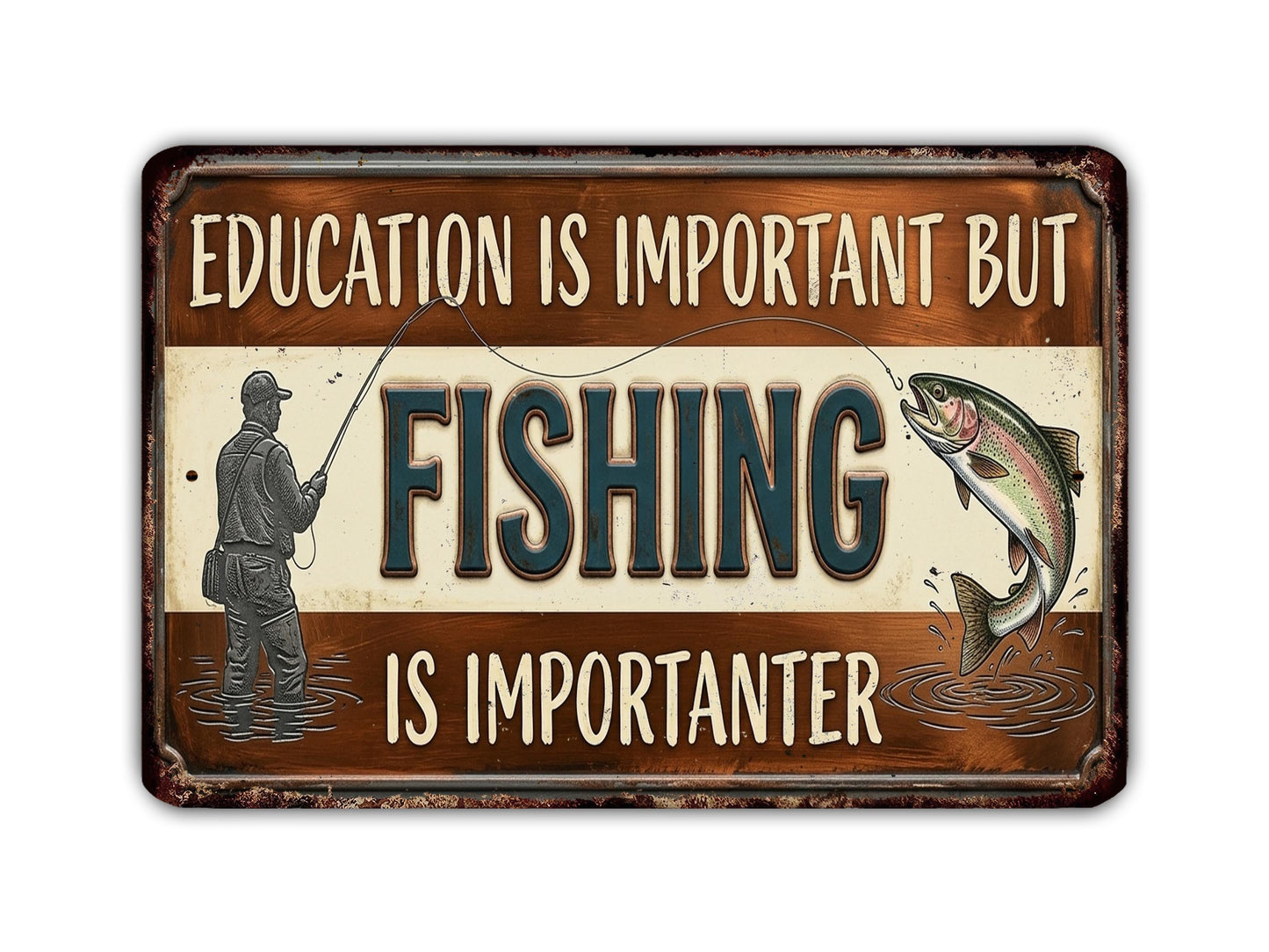 a sign with the text "EDUCATION IS IMPORTANT BUT FISHING IS IMPORTANTER" along with an illustration of a person fishing and a fish.